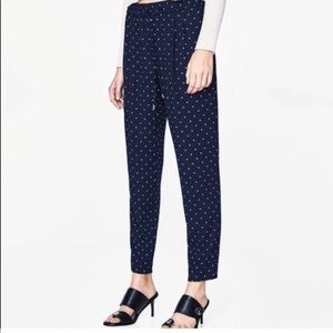 Zara Navy Blue Polka-Dot High Waisted Draw String Fitted Trouser - L